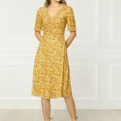 Allegra K Women's Floral Ruffle Short Sleeve Ruched Cinched Waist Casual V Neck Dress 12 Allegra K Women's Floral Ruffle Short Sleeve Ruched Cinched Waist Casual V Neck Dress