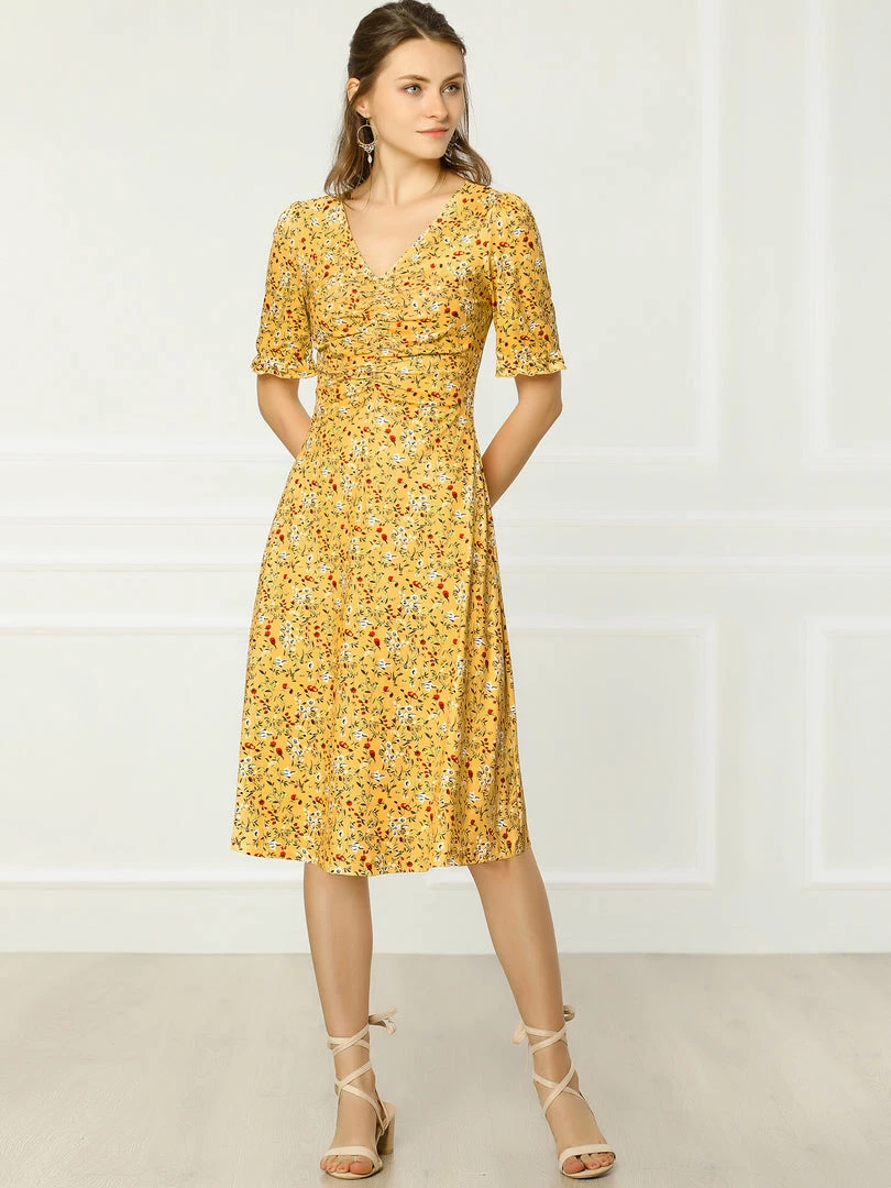 Allegra K Women's Floral Ruffle Short Sleeve Ruched Cinched Waist Casual V Neck Dress 6 Allegra K Women's Floral Ruffle Short Sleeve Ruched Cinched Waist Casual V Neck Dress
