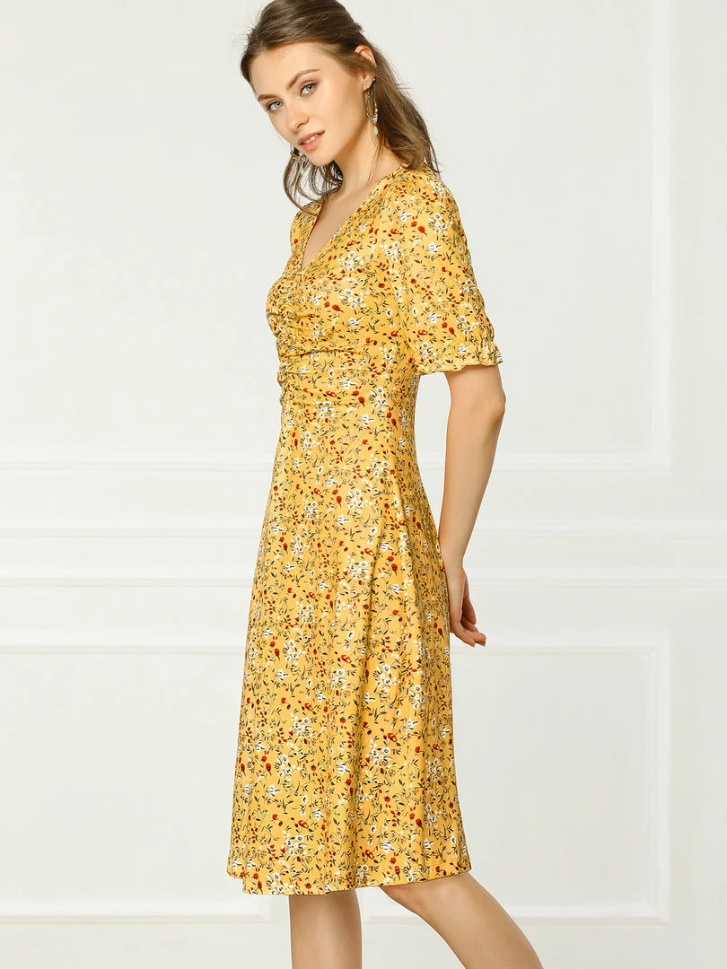 Allegra K Women's Floral Ruffle Short Sleeve Ruched Cinched Waist Casual V Neck Dress 7 Allegra K Women's Floral Ruffle Short Sleeve Ruched Cinched Waist Casual V Neck Dress