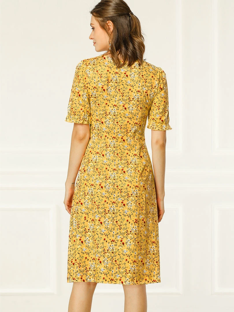 Allegra K Women's Floral Ruffle Short Sleeve Ruched Cinched Waist Casual V Neck Dress 8 Allegra K Women's Floral Ruffle Short Sleeve Ruched Cinched Waist Casual V Neck Dress