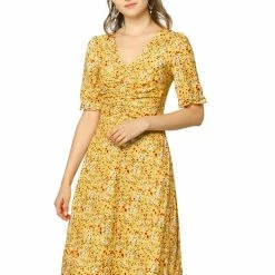 Allegra K Women's Floral Ruffle Short Sleeve Ruched Cinched Waist Casual V Neck Dress