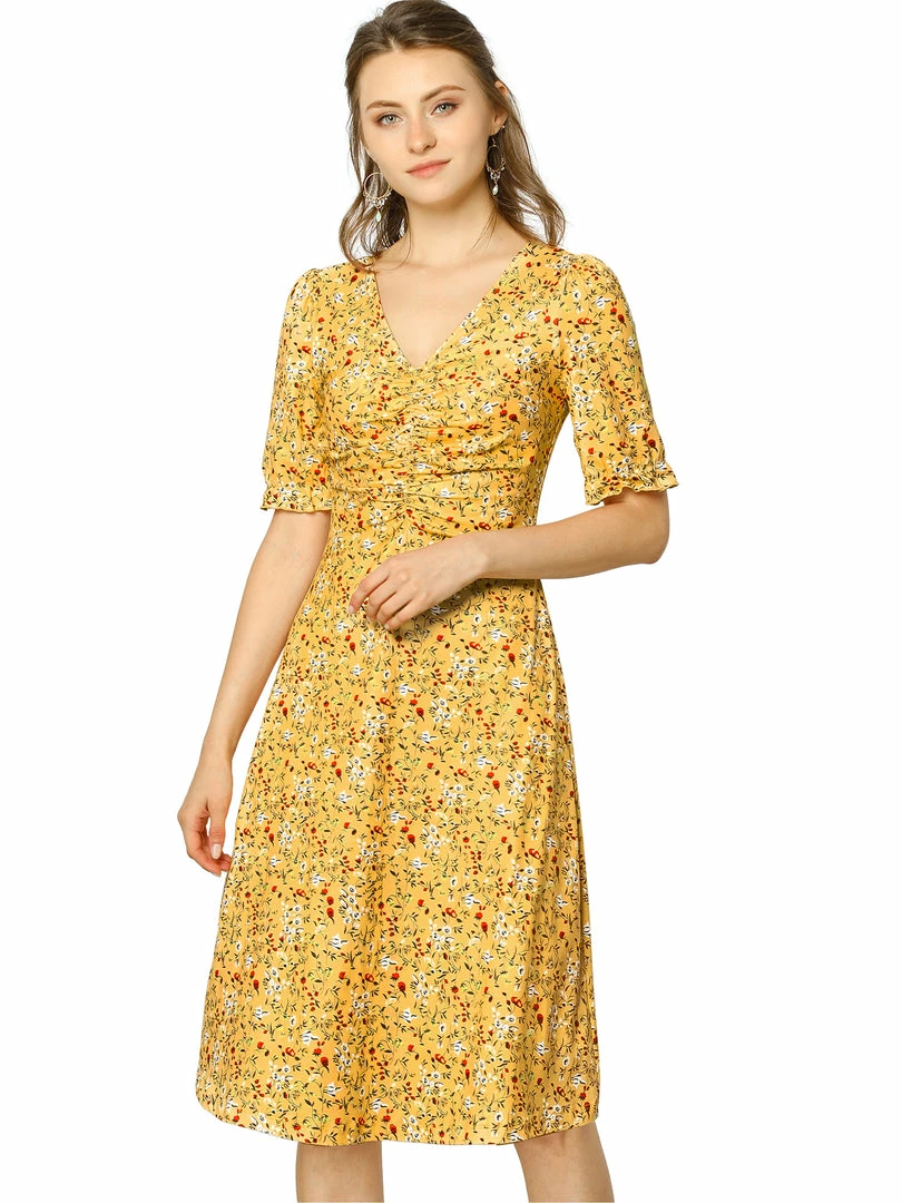 Allegra K Women's Floral Ruffle Short Sleeve Ruched Cinched Waist Casual V Neck Dress 4 Allegra K Women's Floral Ruffle Short Sleeve Ruched Cinched Waist Casual V Neck Dress