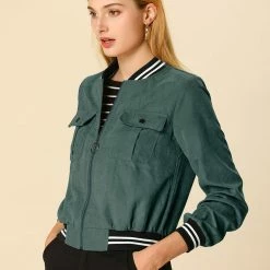 Allegra K Contrast Rib Bomber Jacket With Flap Pocket Women 36 Allegra K Contrast Rib Bomber Jacket With Flap Pocket Women