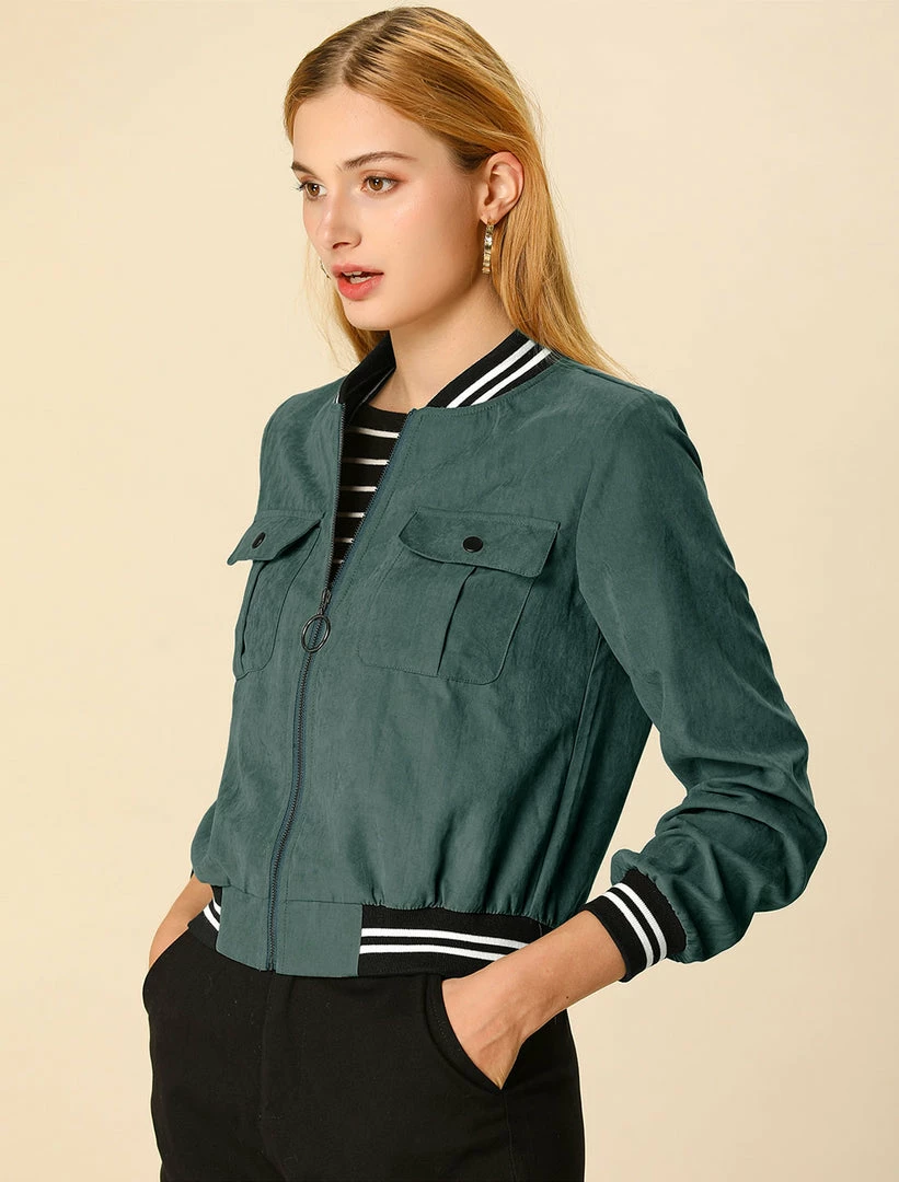 Allegra K Contrast Rib Bomber Jacket With Flap Pocket Women 18 Allegra K Contrast Rib Bomber Jacket With Flap Pocket Women