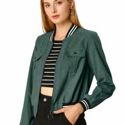 Allegra K Contrast Rib Bomber Jacket With Flap Pocket Women 34 Allegra K Contrast Rib Bomber Jacket With Flap Pocket Women