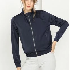 Allegra K Women's Ligheweight Stand Collar Pockets Full Zip Jacket