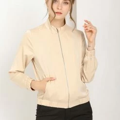 Allegra K Women's Ligheweight Stand Collar Pockets Full Zip Jacket