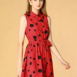 Allegra K Women's Polka Dot Button Down Tie Waist Sleeveless Shirt Dress