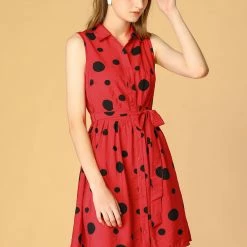 Allegra K Women's Polka Dot Button Down Tie Waist Sleeveless Shirt Dress