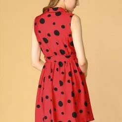 Allegra K Women's Polka Dot Button Down Tie Waist Sleeveless Shirt Dress