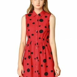 Allegra K Women's Polka Dot Button Down Tie Waist Sleeveless Shirt Dress