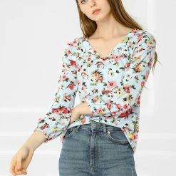 Women Allegra K 3/4 Sleeve V Neck Floral Blouse 18 Women Allegra K 3/4 Sleeve V Neck Floral Blouse