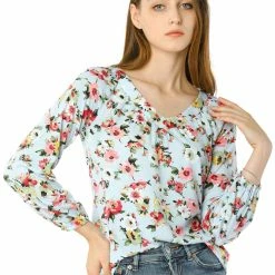 Women Allegra K 3/4 Sleeve V Neck Floral Blouse