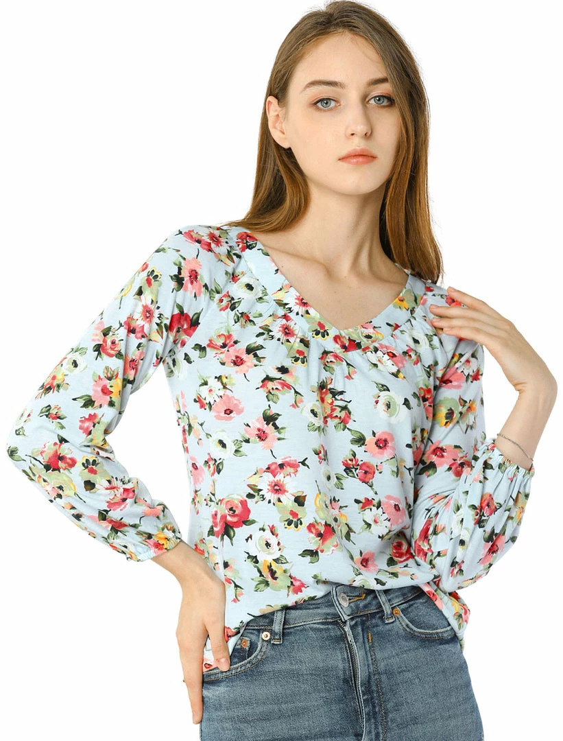 Women Allegra K 3/4 Sleeve V Neck Floral Blouse 4 Women Allegra K 3/4 Sleeve V Neck Floral Blouse