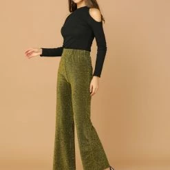 Allegra K Women's Sparkle Metallic Glitter Gold Elastic Waist Knitted Pants