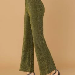 Allegra K Women's Sparkle Metallic Glitter Gold Elastic Waist Knitted Pants