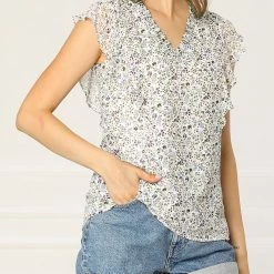 Allegra K Women's Ruffle Tops Casual V Neck Cap Sleeves Floral Blouse