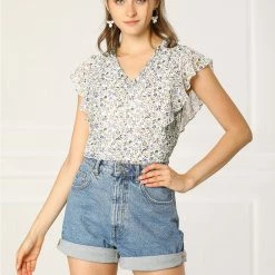 Allegra K Women's Ruffle Tops Casual V Neck Cap Sleeves Floral Blouse