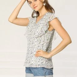 Allegra K Women's Ruffle Tops Casual V Neck Cap Sleeves Floral Blouse