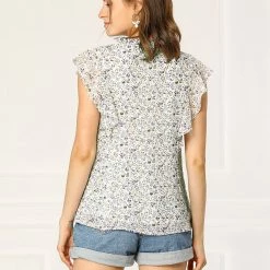 Allegra K Women's Ruffle Tops Casual V Neck Cap Sleeves Floral Blouse