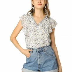 Allegra K Women's Ruffle Tops Casual V Neck Cap Sleeves Floral Blouse