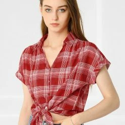Allegra K Women's Plaid Check Button Down Shirt Short Sleeve Summer Workwear Top Blouse