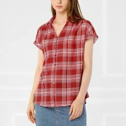 Allegra K Women's Plaid Check Button Down Shirt Short Sleeve Summer Workwear Top Blouse