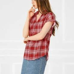 Allegra K Women's Plaid Check Button Down Shirt Short Sleeve Summer Workwear Top Blouse