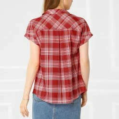 Allegra K Women's Plaid Check Button Down Shirt Short Sleeve Summer Workwear Top Blouse