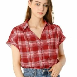 Allegra K Women's Plaid Check Button Down Shirt Short Sleeve Summer Workwear Top Blouse