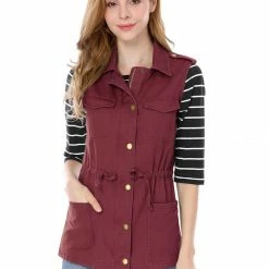 Allegra K Women Functional Pockets Drawstring Waist Cargo Vest