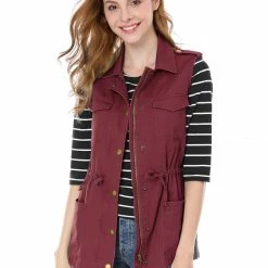 Allegra K Women Functional Pockets Drawstring Waist Cargo Vest