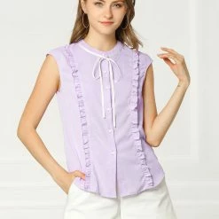 Allegra K Tie Neck Sleeveless Ruffle Button Down Chiffon Shirt Clothing 53 Allegra K Tie Neck Sleeveless Ruffle Button Down Chiffon Shirt Clothing