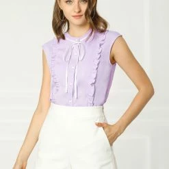Allegra K Tie Neck Sleeveless Ruffle Button Down Chiffon Shirt Clothing 54 Allegra K Tie Neck Sleeveless Ruffle Button Down Chiffon Shirt Clothing