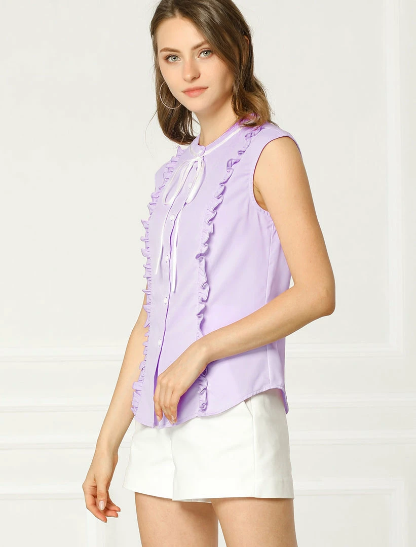 Allegra K Tie Neck Sleeveless Ruffle Button Down Chiffon Shirt Clothing 13 Allegra K Tie Neck Sleeveless Ruffle Button Down Chiffon Shirt Clothing