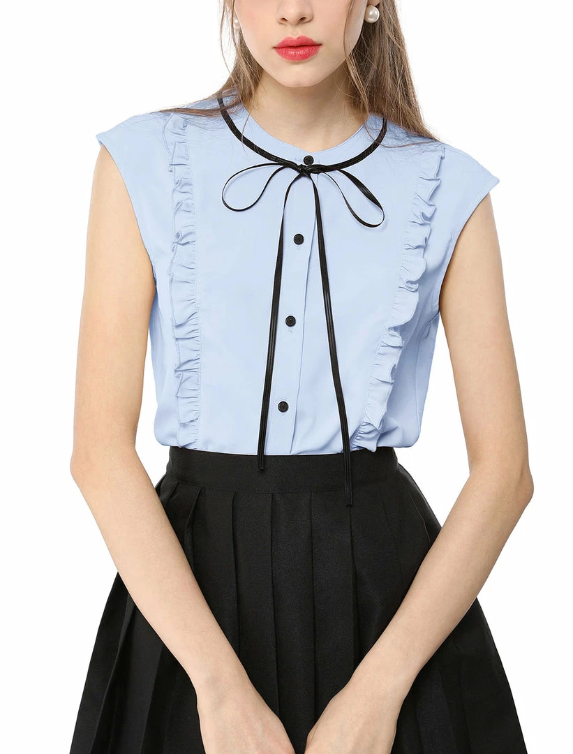 Allegra K Tie Neck Sleeveless Ruffle Button Down Chiffon Shirt Clothing 5 Allegra K Tie Neck Sleeveless Ruffle Button Down Chiffon Shirt Clothing