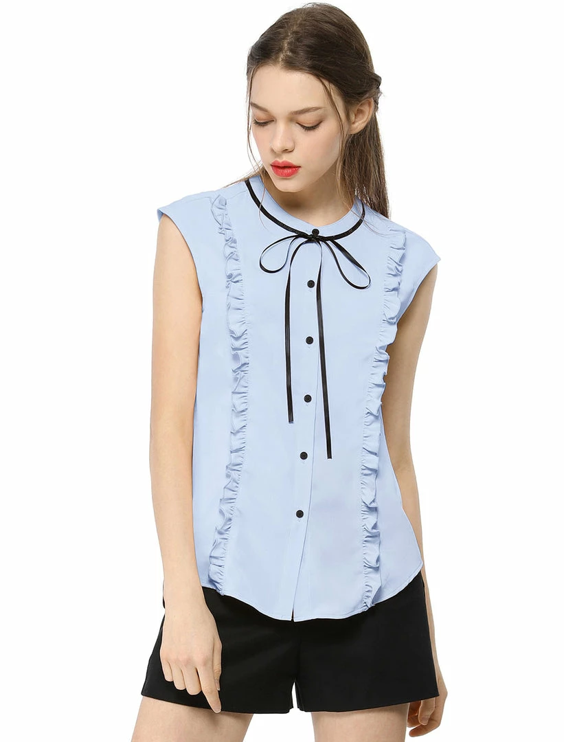 Allegra K Tie Neck Sleeveless Ruffle Button Down Chiffon Shirt Clothing 6 Allegra K Tie Neck Sleeveless Ruffle Button Down Chiffon Shirt Clothing