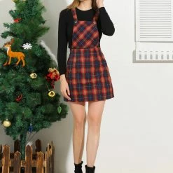 Allegra K Women's Plaids Adjustable Strap Above Knee Overall Suspender Dress