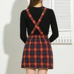 Allegra K Women's Plaids Adjustable Strap Above Knee Overall Suspender Dress