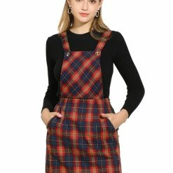 Allegra K Women's Plaids Adjustable Strap Above Knee Overall Suspender Dress