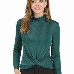 Allegra K Women's Elegant Basic Stretchy Long Sleeves Twisted Front Turtleneck Tops