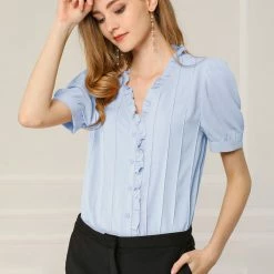 Allegra K Women's V Neck Sweet Ruffle Casual Puff Sleeve Blouse Solid Color Cute Top