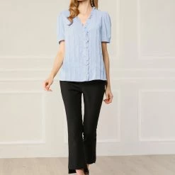 Allegra K Women's V Neck Sweet Ruffle Casual Puff Sleeve Blouse Solid Color Cute Top