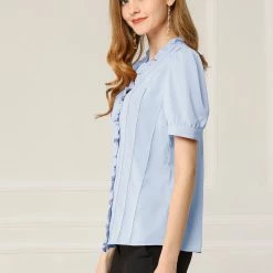 Allegra K Women's V Neck Sweet Ruffle Casual Puff Sleeve Blouse Solid Color Cute Top