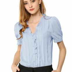 Allegra K Women's V Neck Sweet Ruffle Casual Puff Sleeve Blouse Solid Color Cute Top