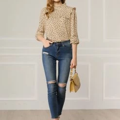 Allegra K Women's Ruffle Trim Polka Dots Blouse Long Sleeve Back Bow Tie Cute Top Shirt 64 Allegra K Women's Ruffle Trim Polka Dots Blouse Long Sleeve Back Bow Tie Cute Top Shirt