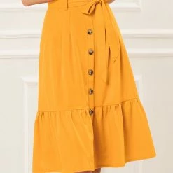 Allegra K Women's Vintage High Waisted Button Decor A-Line Belted Chiffon Ruffle Midi Skirt