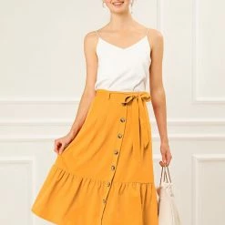 Allegra K Women's Vintage High Waisted Button Decor A-Line Belted Chiffon Ruffle Midi Skirt