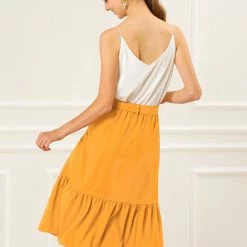 Allegra K Women's Vintage High Waisted Button Decor A-Line Belted Chiffon Ruffle Midi Skirt