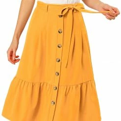Allegra K Women's Vintage High Waisted Button Decor A-Line Belted Chiffon Ruffle Midi Skirt
